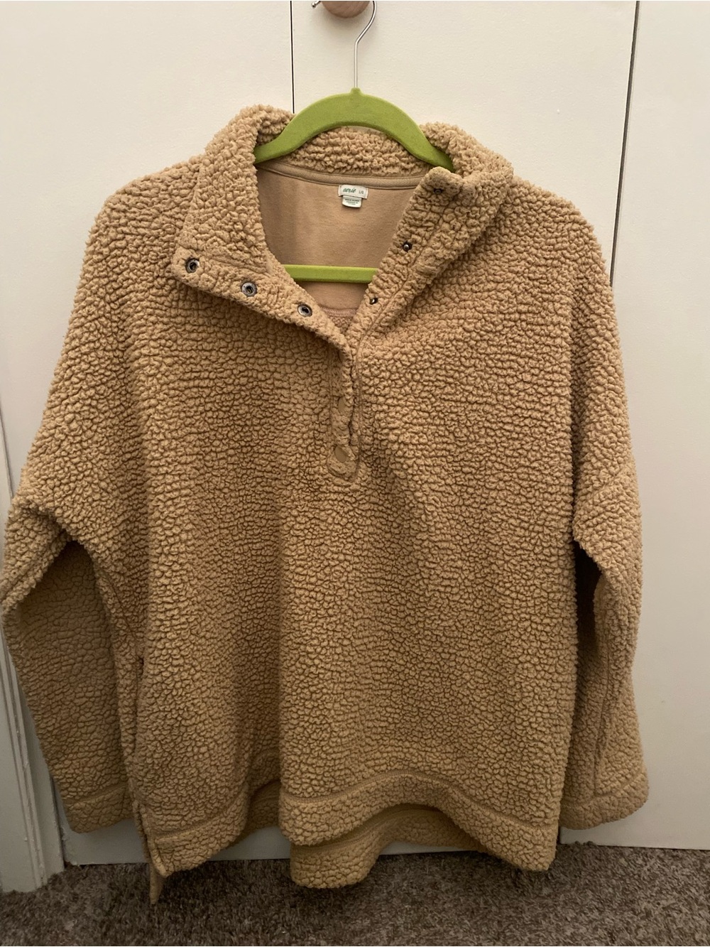 aerie Camel Sherpa Snap-Button Pullover Sweater